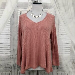 Jack BB Dakota Small Pink Waffle Knit  V Neck Shirt Oversized Thermal High Low